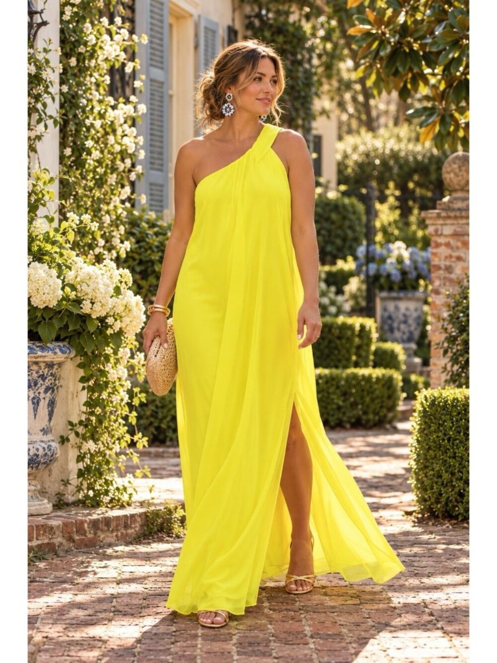 Pomander Place Tuckernuck Soleil Dress Sz Medium Yellow Maxi One Shoulder Gown